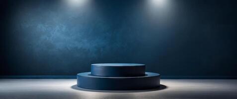 neavy blue background for product presentation Blue background for product presentation with empty podium, shadows and light Mockup. photo