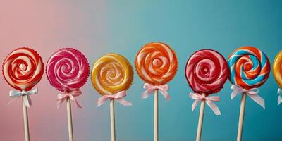 lollipops candy border background hard candies on stick. photo
