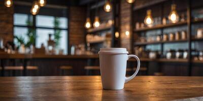 wooden table top with blurred background for product display, bokeh light and abstract blur of coffee shop interior background. photo