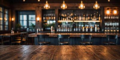 defocused background and bottles of restaurant bar or cafeteria background wooden table top for product display. photo