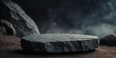 natural rock and stone podium or pedestal for product display scene, dark cave style. photo
