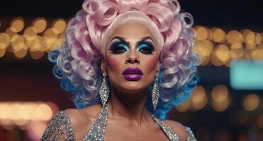 Beautiful drag queen on background with bokeh. photo
