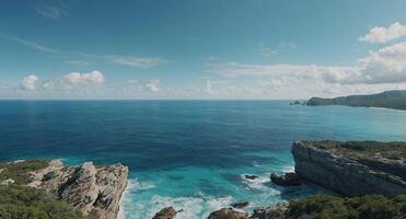 A serene ocean view from a high vantage point, showcasing calm, turquoise waters extending to the horizon under a light blue sky Rocky outcrops are visible near the bottom of the image. photo