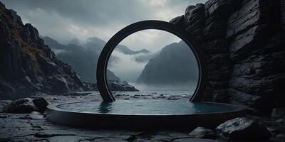 Abstract round window with water, rocks, and fog on podium in front of a dark wall for product presentation, render, abstract, round. . photo