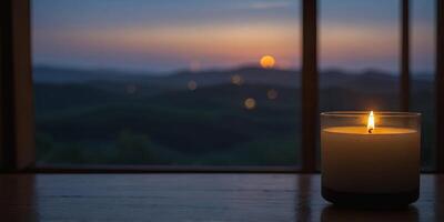 A dramatic scene of a zen gentle light background in the evening The dimmed twilight sky outside the window creates a dusky ambiance, while a single candle flickers on the sill The soft. photo