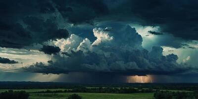 A dark blue-green sky with thunderclouds A dramatic sky background with some copy space for your design A web banner A scene that is epic, magical, creepy, fantastic, horror, and mystical. photo