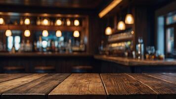 Empty wooden table with bar in blur background. photo