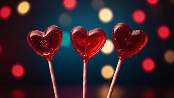 Five heart-shaped lollipops on a dark red blurred background with blurred lights in the shape of hearts Happy Valentine's Day concept. . photo