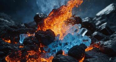 Fire and ice concept Good and evil Hot and cold Exploding fire Exploding ice Lava rock. photo