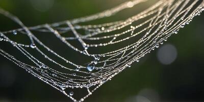 A close-up view of a spider web with water droplets glistening on the intricate threads. photo