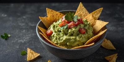 A delectable bowl of guacamole accompanied by crunchy nachos chips and fresh lime slices, artistically presented in a flat lay on a grey table. photo