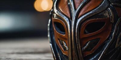 A Fighter s Reflection Macro View of a Worn Leather Mask, Macro, Worn, Mask, Fighter. photo