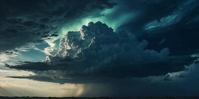A dark blue-green sky with thunderclouds A dramatic sky background with some copy space for your design A web banner A scene that is epic, magical, creepy, fantastic, horror, and mystical. photo