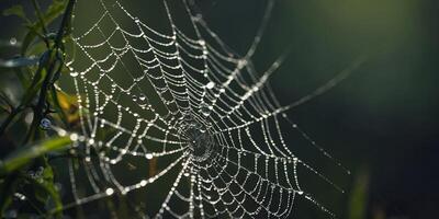 A close-up view of a spider web with water droplets glistening on the intricate threads. photo