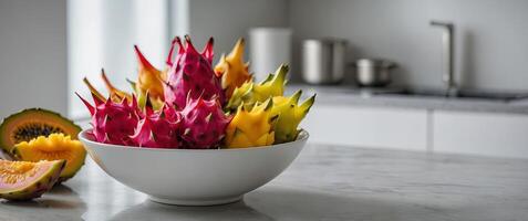 A bowl of exotic fruits like dragon fruit and starfruit, presented in a minimalist white bowl on a kitchen counter, with a delicately blurred background enhancing the exotic appeal. photo