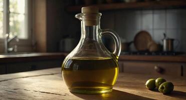 Olive oil in a glass jug on wooden table in the kitchen, light from the window. photo