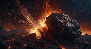 a meteorite in space Space background Meteor crashing explosion Lava, explode, fire, debris, embers Meteor crashing explosion Lava, explode, fire, debris, embers. photo
