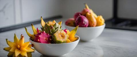 A bowl of exotic fruits like dragon fruit and starfruit, presented in a minimalist white bowl on a kitchen counter, with a delicately blurred background enhancing the exotic appeal. photo