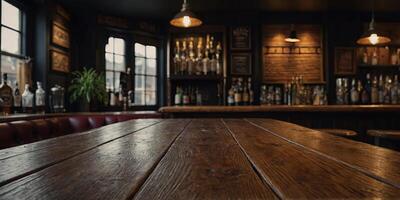 An empty wooden counter table top for product display in a pub or bar. . photo