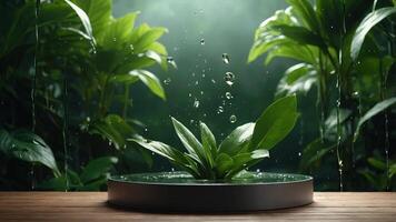 Podium mockup with green natural plant leaves and water drop splashing background, perfect for product advertising display , podium, mockup, green, natural, plant, leaves, water drop. . photo