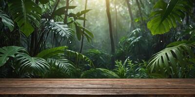 misty jungle background with empty wooden table for product display, bokeh lights, green foliage, copy space. . photo