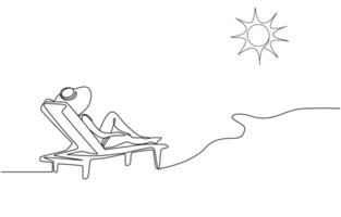 Woman relaxing on a beach lounge chair in continuous line art drawing style. Wellness and relax time. Happy summer vacation. Black linear sketch isolated on white background. Pro . vector