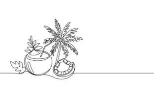 Continuous line drawing of tropical coconut drink illustration. Summer tropical coconut juice single line hand drawn minimalism style, Continuous line drawing fruit of coconut. Pro . vector