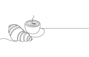 Invitation for coffee cup with croissant. Continuous line art drawing style. illustration, landing page, illustration. Coffee cup croissant line continuous drawing. Hand drawn linear. vector