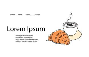 Invitation for coffee cup with croissant. Continuous line art drawing style. illustration, landing page, illustration. Coffee cup croissant line continuous drawing. Hand drawn linear. vector