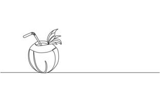Continuous line drawing of tropical coconut drink illustration. Summer tropical coconut juice single line hand drawn minimalism style, Continuous line drawing fruit of coconut. Pro . vector