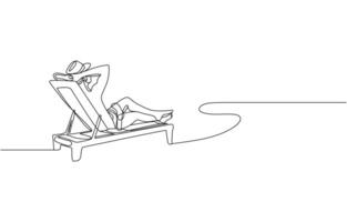 Summer vacation concept in line art drawing style. Coast of the sea, umbrella, people relaxing on a beach, Continuous line art hand drawn styles. pro . vector
