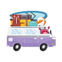 Illustration of a purple van with a red crab waving from the window, packed for a beach adventure. The roof is loaded with suitcases, a surfboard, a beach ball and various travel bags vector