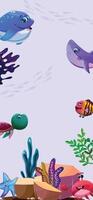 Banner with a lively ocean floor, featuring a happy blue whale, a friendly purple shark, a green sea turtle, a multicolored fish, a smiling blue starfish, and a cheerful red crab surrounded by coral vector