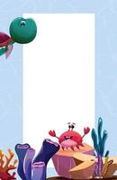 Marine themed illustration with a white frame set on a water pattern background. Turtle is swimming at the top, while a crab is positioned at the bottom with seagrass, stones and corals vector
