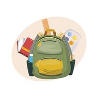 Green school bag with various supplies like a book, ruler, paint palette, and pencils. Perfect for educational projects, student resources, and academic visuals vector