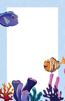Marine themed illustration with a white frame set on a water pattern background. Blue tang fish is swimming at the top, while a clownfish is positioned at the bottom with seagrass, stones and corals vector