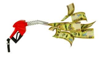 3d rendering of 100 Solomon Islands Dollar notes coming out from fuel pump. red fuel noz zle with Solomon Islands Dollars flying around isolated on a transparent background png