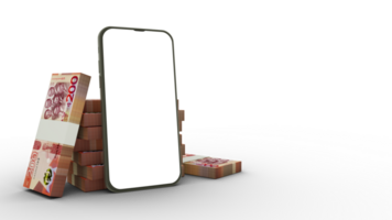 3D rendering of a mobile phone with blank screen and stacks of Ghanaian cedi notes behind isolated on transparent background. png