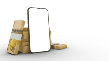 3D rendering of a mobile phone with blank screen in front of stacks of Ugandan shilling notes isolated on transparent background. png