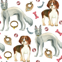 Dogs of different breeds, pets with a ball, collar, bone and leash hand drawn in watercolor. Seamless watercolor pattern. Suitable for printing on fabric, wrapping paper, postcards png