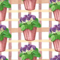 Watercolor seamless pattern. Indoor flowers, violet in a brown pot on a square white background. All objects are hand-painted with watercolors. Suitable for printing on fabric, paper, for design png