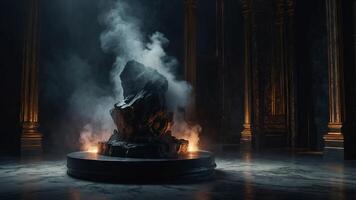 Dark, mysterious stone podium shrouded in eerie, wafting smoke, illuminated by a single, dramatic light source, evoking an aura of luxury and dramatic product presentation. . photo