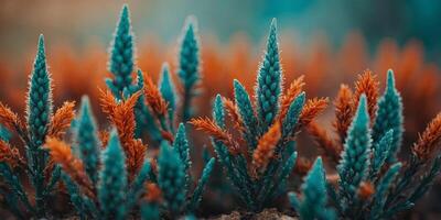 close up macro of an unearthly plant with vibrant teal and orange colors. photo