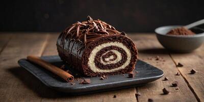 A beautifully presented chocolate log cake roll with several slices cut, displayed on a clean, minimalist background. photo