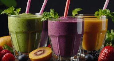 Panorama of healthy veggie and fruit smoothies. photo