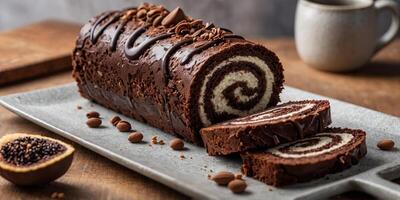 A beautifully presented chocolate log cake roll with several slices cut, displayed on a clean, minimalist background. photo
