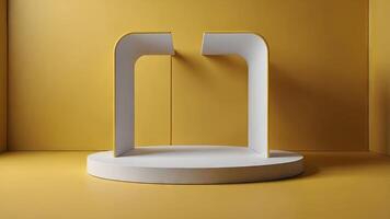 Minimal product display background with white platform podium on yellow wall for banner poster mockup design. photo