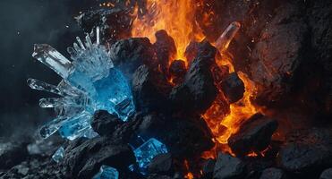 Fire and ice concept Good and evil Hot and cold Exploding fire Exploding ice Lava rock. photo