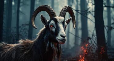 fantasía imagen de un cabra con cuernos en un oscuro bosque baphomet demonio cabra Dios Lucifer, belcebú diablo con cuernos rojo fuego y fumar en infierno. foto
