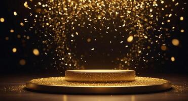 Illuminated golden podium with particles A striking image of a radiant golden circular podium surrounded by floating particles and warm glows on a dark, bokeh background. photo